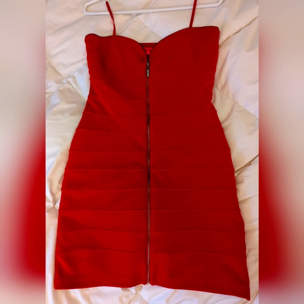 Red strapless bodycon dress